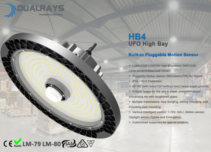 escurecimento alto Pluggable de DALI da eficiência CRI>80Ra 0/1-10V da baía 160LPW do UFO do sensor de movimento de 240W HB4