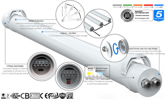 Luminária Tubular LED Super IP69K IP66 TB7 com Potência Selecionável por DIP Switch/3CCT/3 fases e passagem de fios 3/5