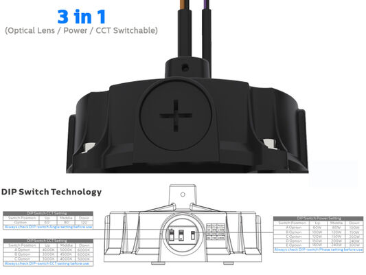 Highbay super alto 3 em 1 de 200W 150LPW HB5 com lente óptica comutável por DIP switch (60°/90°/110°), potência (100%-80%-60%), 3 CCT opcionais