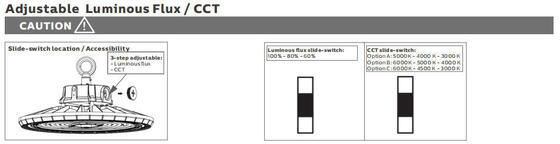 Luminária High Bay LED UFO 3CCT 100W 150LPW com função de emergência opcional e chave DIP HB2 para seleção de potência