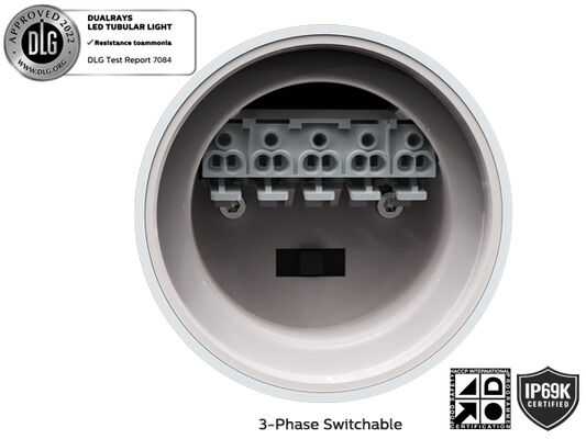 Luminária tubular LED de 0,6m 20W IP69K IK10 TB7 com 3 ou 5 fios interligáveis, potência selecionável por DIP switch/3CCT/mudança trifásica