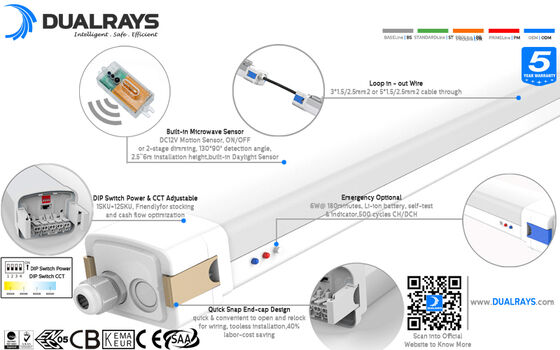 5ft/60W D5 LED Luz à prova de umidade com DIP Switchable Power / 3CCT e 1-10V, DALI, sensor de movimento, sensor de luz do dia, Zigbee e função de emergência