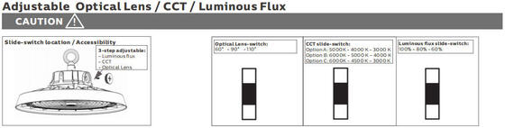 Luz LED de alta altura com configurações comutáveis DIP para potência e temperatura de cor com opções de ângulo de feixe múltiplo para industrial