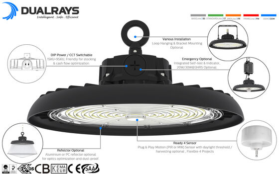 Luminária High Bay LED UFO HB3 com Potência Selecionável por DIP Switch e 3CCT, 100W 192LPW, com Preparação para Sensor (PIR/Sensor de Movimento)