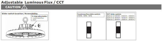 HB3H DIP Comutação de energia e 3CCT UFO LED High Bay Light 100W 150LPW com 20W/30W @ 3 horas Função de emergência opcional