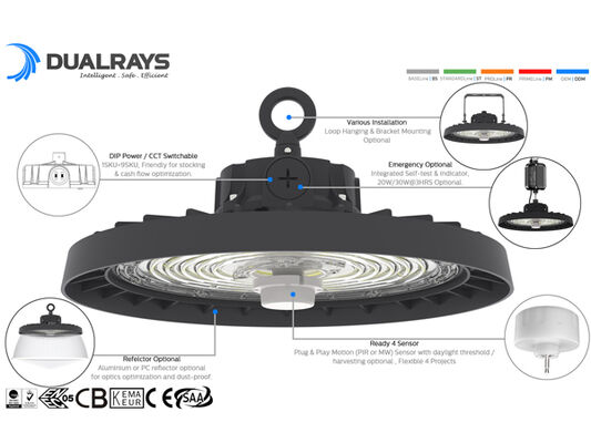 HB3H DIP Comutação de energia e 3CCT UFO LED High Bay Light 100W 150LPW com 20W/30W @ 3 horas Função de emergência opcional