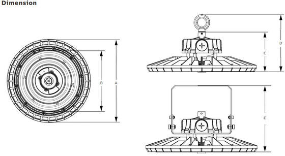 Potência comutável HB2 DIP e luz LED Highbay 3CCT UFO 100W 170LPW com suspensão em laço | Montagem em suporte | Instalação de montagem em parede opcional